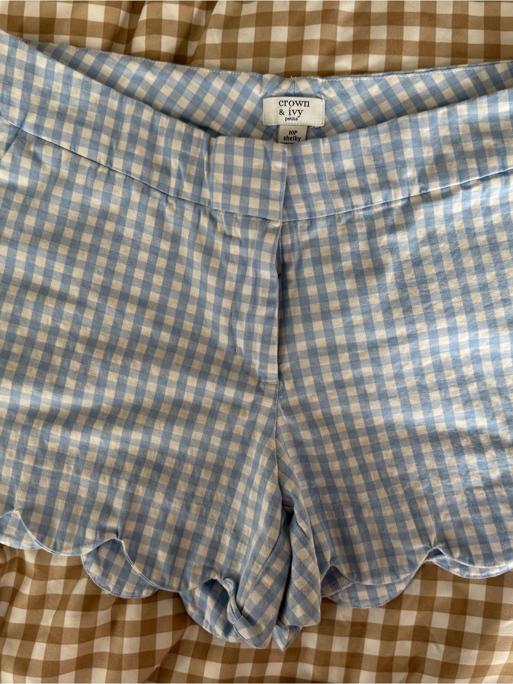crown & ivy Blue and White Gingham Scalloped Waist Shorts